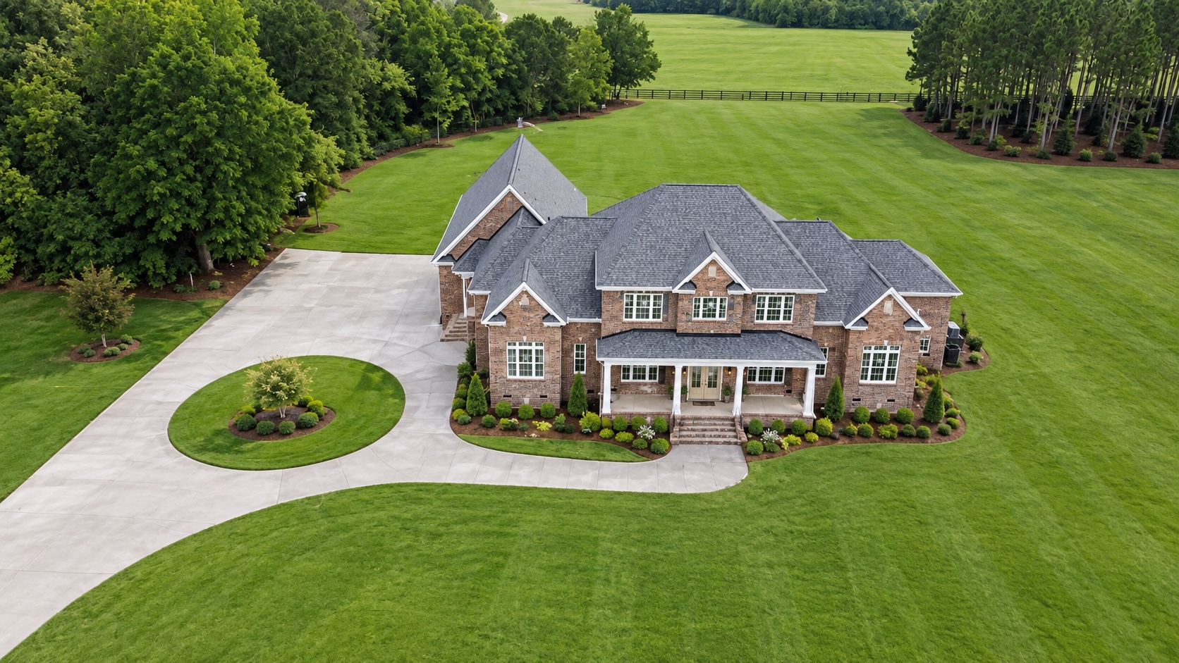 Aerial view of a large two story brick custom home with a circular drive, covered front porch and landscaped lawn bordered by trees