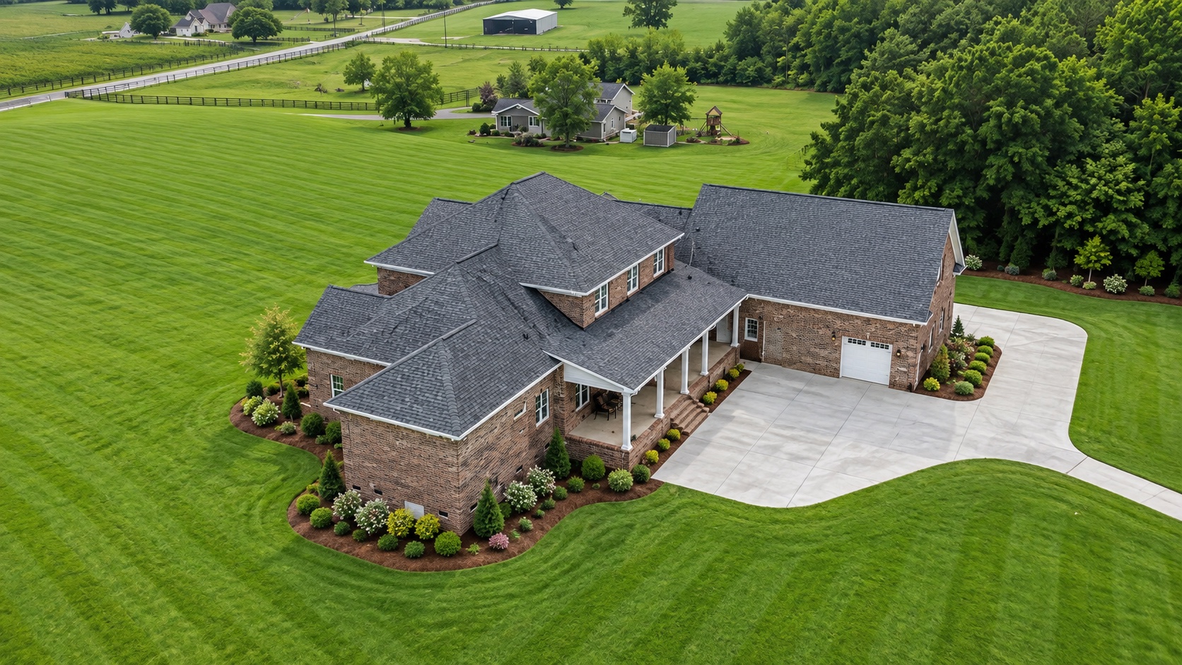 Aerial view of the rear of a brick custom home with a covered back porch, attached garage and a wide concrete drive and parking pad