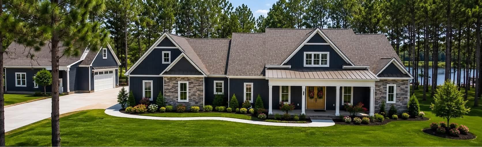 Navy board and batten custom home with stone accents, a bronze metal porch roof and a detached two car garage, on a landscaped lakeside lot