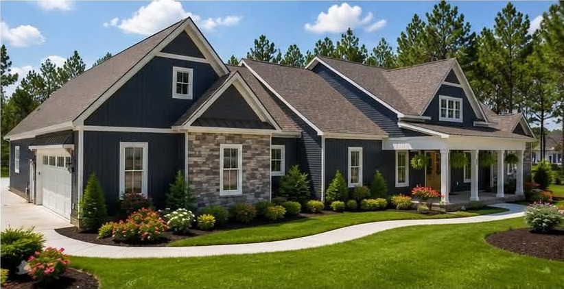 The same navy custom home from the garage side, showing the attached garage, stone accents and the walkway to the covered porch